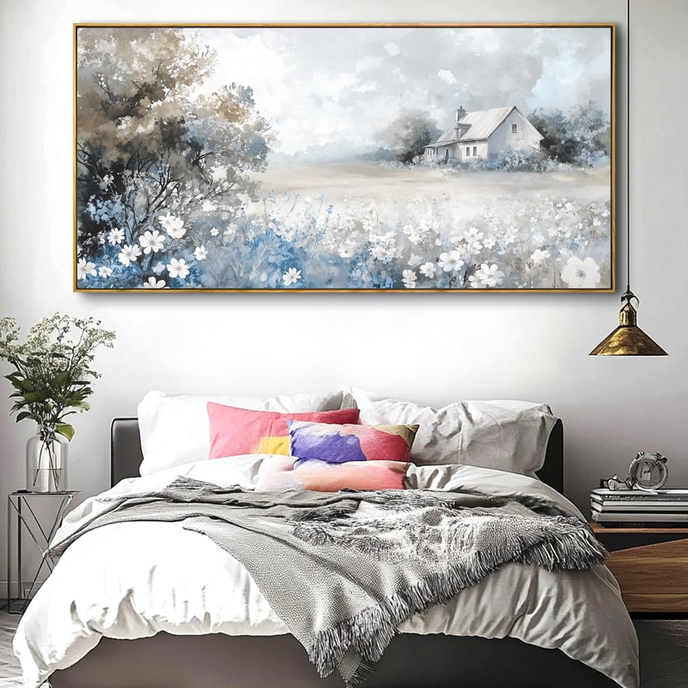 Landscape Abstract Wall Art - Large Framed Canvas Painting for Living Room, Bedroom, Modern Artwork Decor - 40x20 Inch Ready-to-Hang