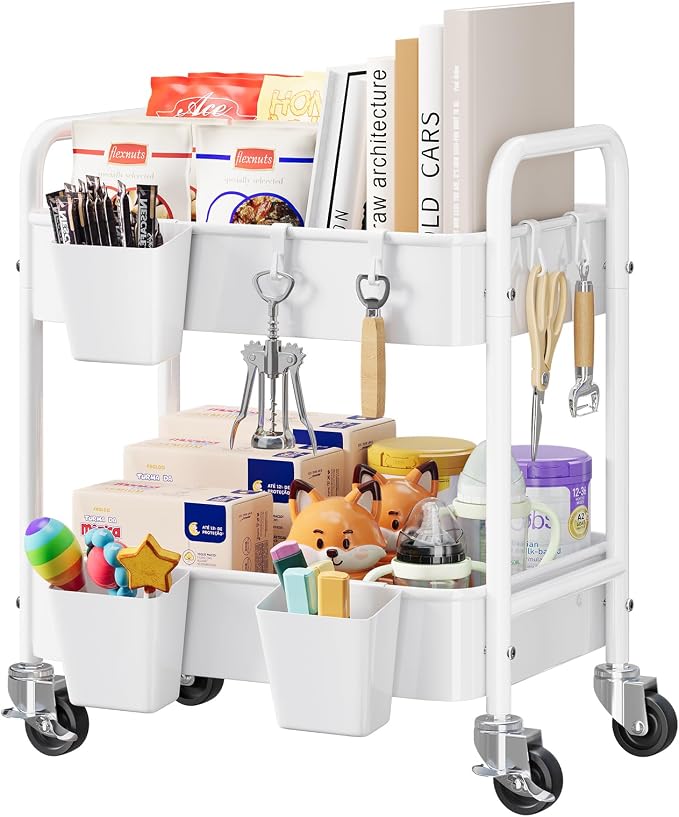 2 Tier Small Rolling Cart Metal with Wheels, White Under Desk Storage Cart on Wheels, Short Utility Roller Caddy Carts Organizer for Art,Craft,Pantry,Bathroom, Two Tiered Shelf Trolley, 22 Inches Tall