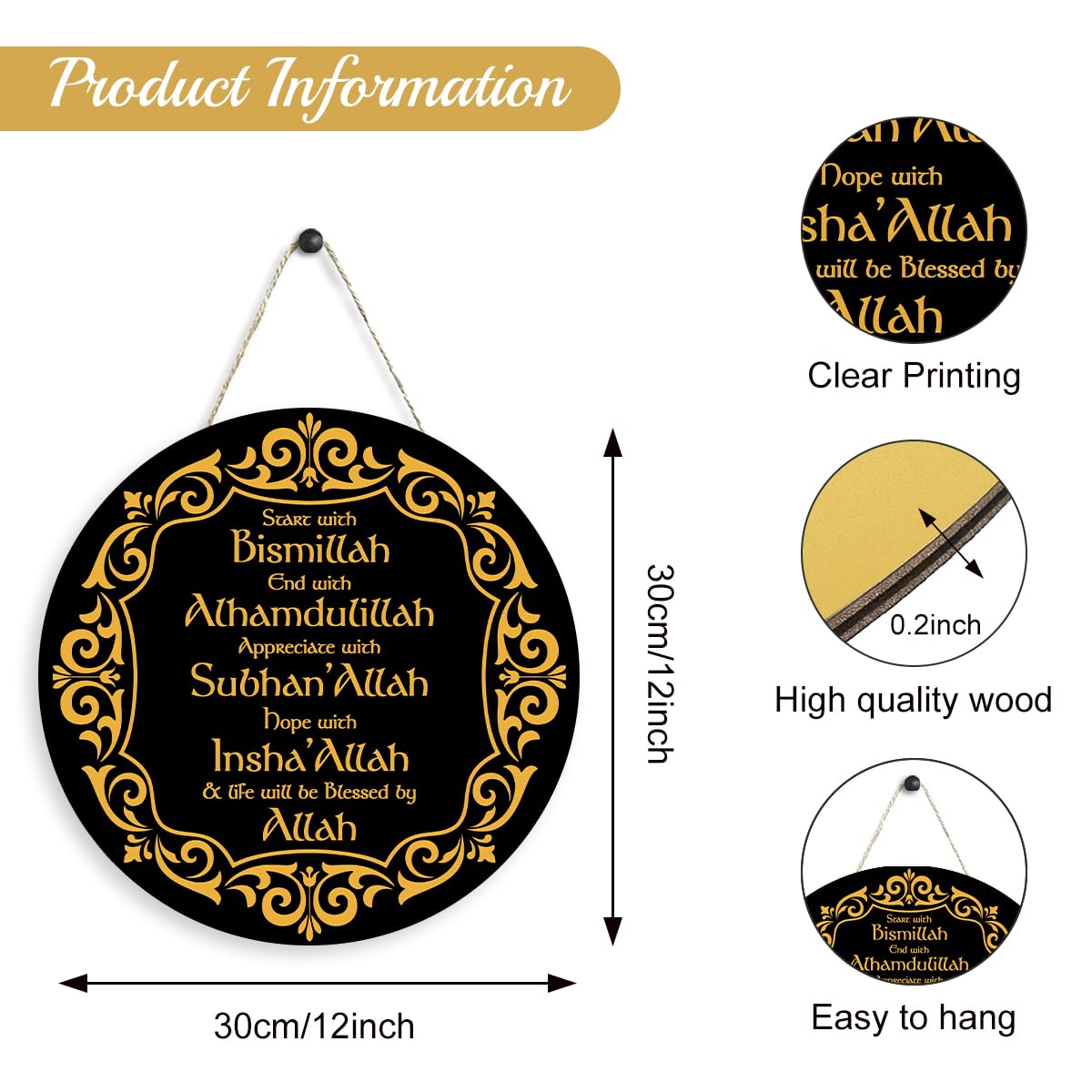 Ramadan Islamic Decor Hanging Eid Decorations Start and End with Allah Appreciate Hope with Allah Black Gold Round Wooden Sign for Muslim Home Door Decor Party Supplies