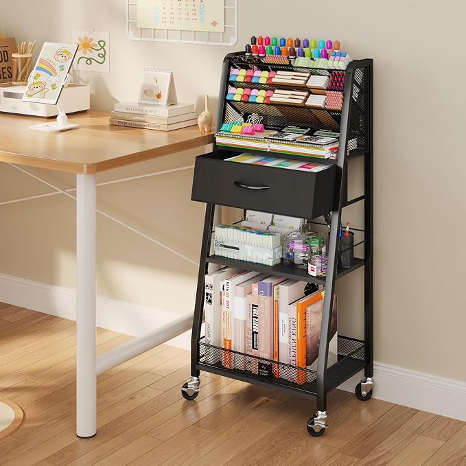 Homsorout 3 Tier Rolling Cart - Metal Utility Cart with Storage Drawer and Wheels, Versatile Art & Craft Organizer for Home, Office, or Studio - Ideal for Storing Brushes, Paints, and Supplies(Black)