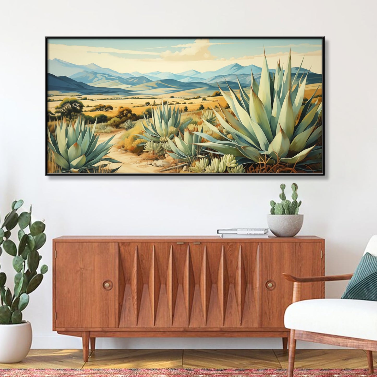 Desert Canvas Wall Art, Agave Desert Canvas Wall Art, Cactus Desert Canvas Wall Art, Desert Paintings on Canvas, Desert Wall Art, Desert Landscape Wall Art, Cactus Wall Art, Desert Southwest Decor (Gold Framed, 47"x 23"| 120x60cm )