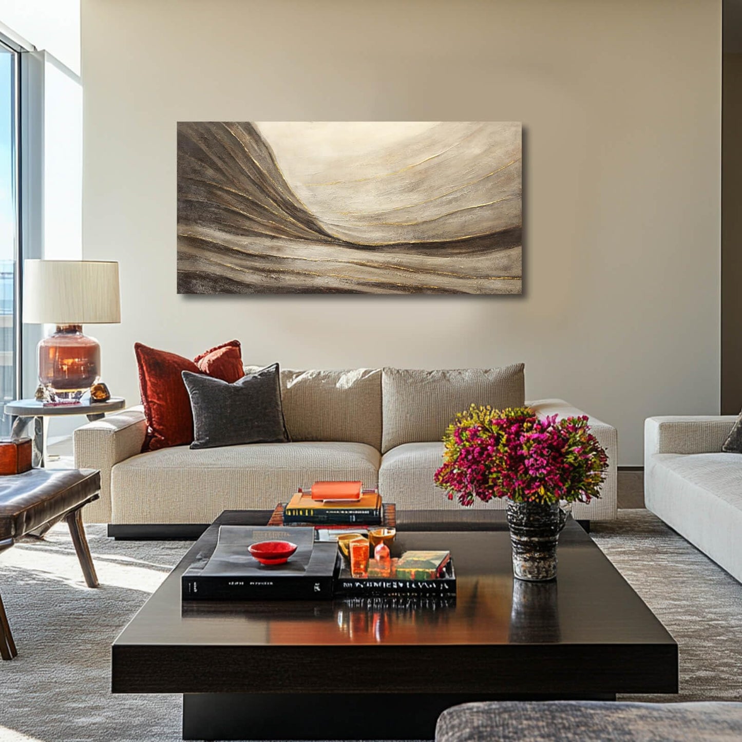 WINKAILIN Brown Wall Decor Abstract Wall Art Gold Line Painting Living Room Wall Decorations Dark Grey Photo Prints for Kitchen 24x48 Inch Textured Wall Art