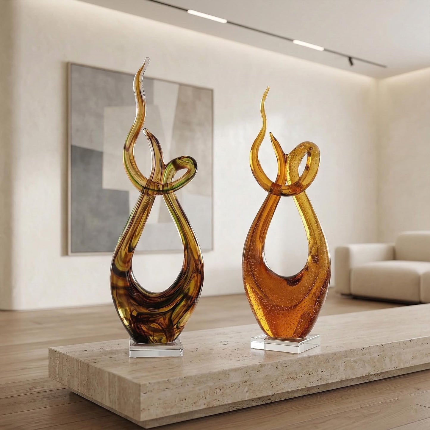 LCCCK 21.7in Tall Abstract Glass Sculpture Knot Spiral Statue, Amber Hand Blown Glass Art Decor for Home Living Room Bedroom Shelf Mantel Tabletop Display Decorative Figurine