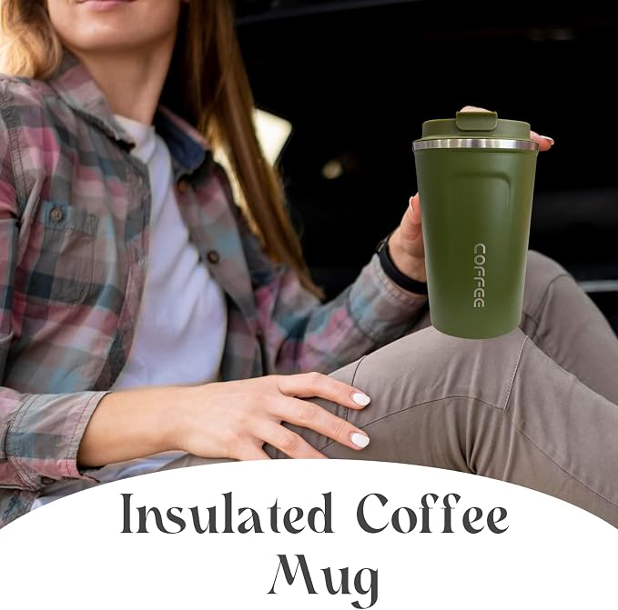 YINBAOGE Insulated Travel Coffee Mug, Spill & Leak Proof, Portable To Go Camping Stainless Steel Coffee Tumbler, Reusable Thermal Coffee Cup with Lid for Hot & Cold Drinks (2nd-Green, 12 OZ)