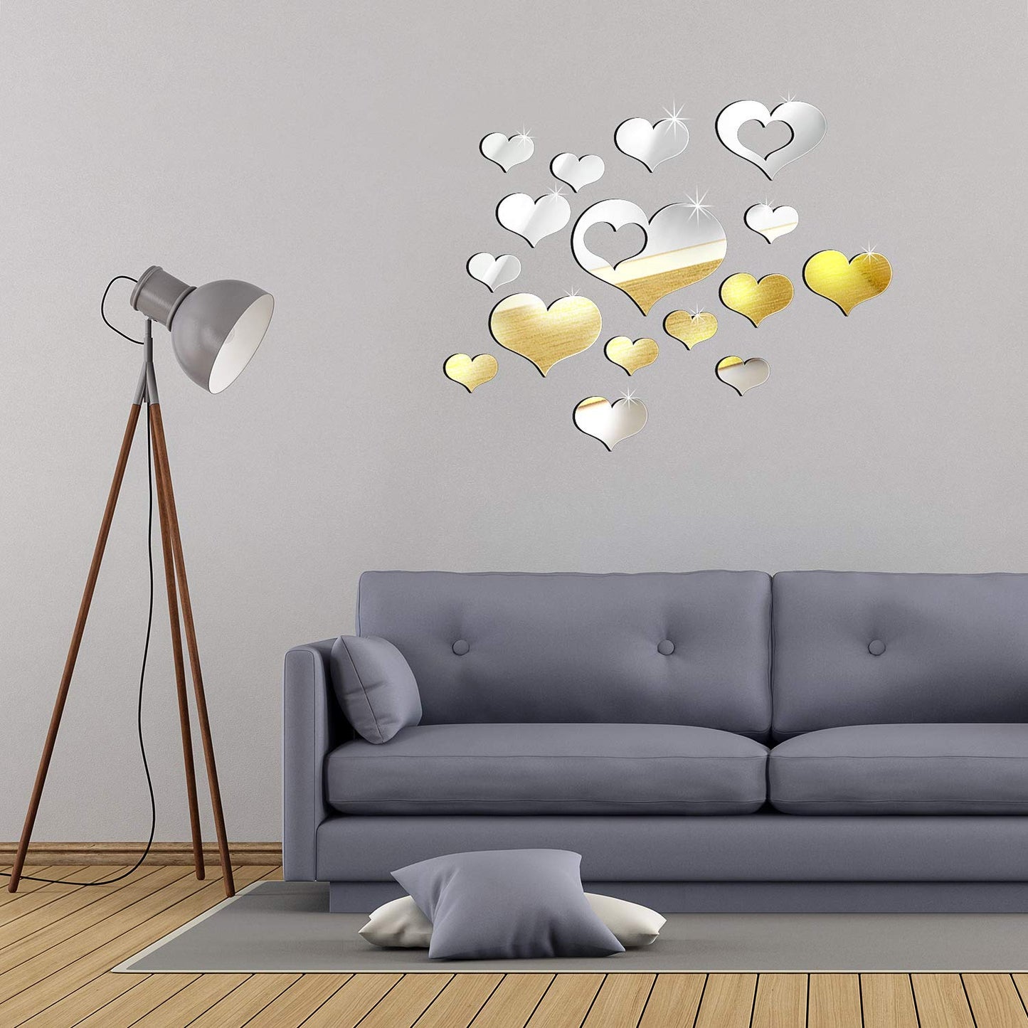 Shappy 33 Pcs Removable Acrylic Heart Mirror Wall Sticker Love Heart Mirror Tiles Decal for Home Bedroom Living Room Bathroom Kitchen Wedding Decor