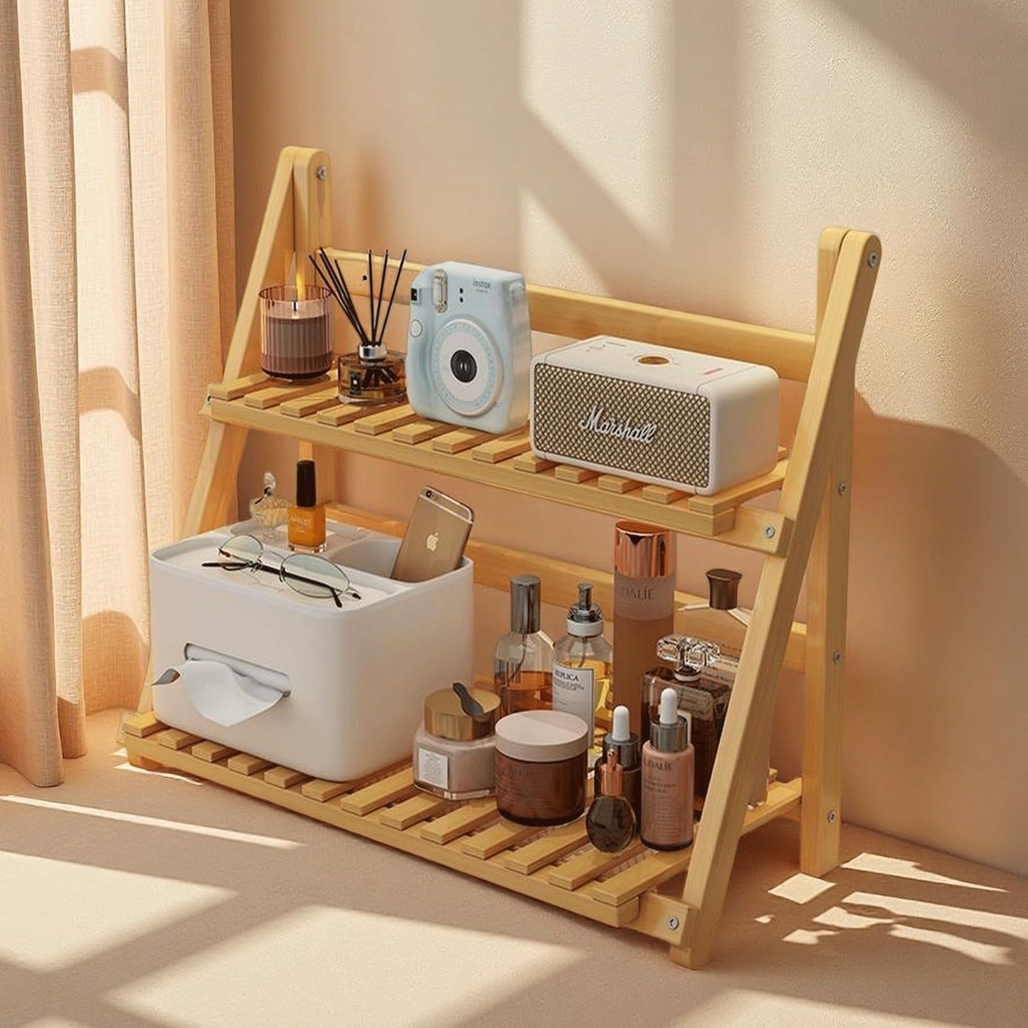 NUOLUTH Matcha Station Organizer Shelf:Bamboo organizer for coffee bar,Matcha Whisk,Small plants,bathroom,11.7" Foldable Countertop Display Rack for Kitchen,Window Sill&Living Room 2 Tier