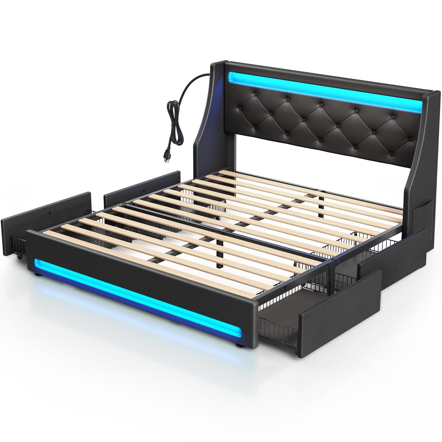 Rolanstar Queen Bed Frame with LED Lights and Charging Station, PU Leather Bed with Drawers, Wooden Slats, Noise Free, Easy Assembly, Black