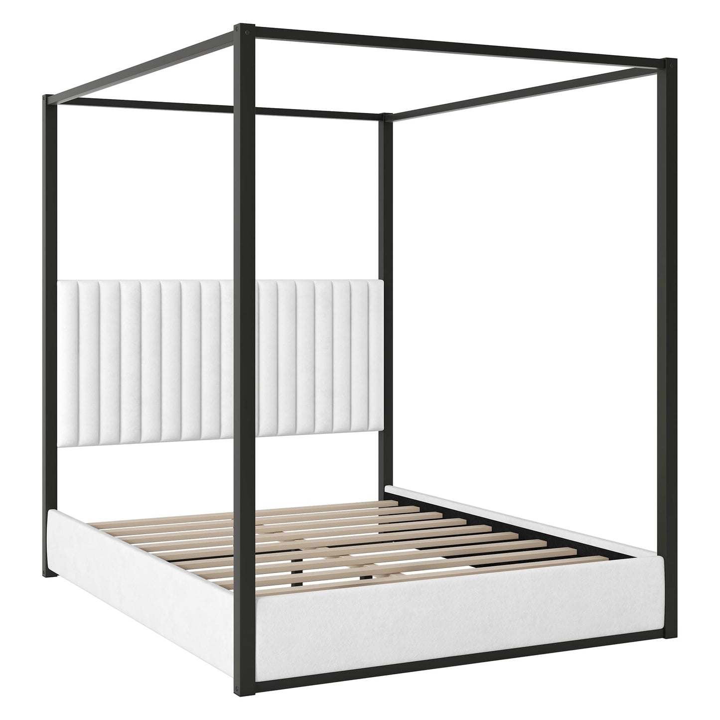 LUMISOL Queen Size Metal Canopy Bed Frame, Black 4 Poster Bed with Tall Upholstered Headboard, Upholstered Low Profile Canopy Platform Bed with Slats Support, No Box Spring Needed, Black + White