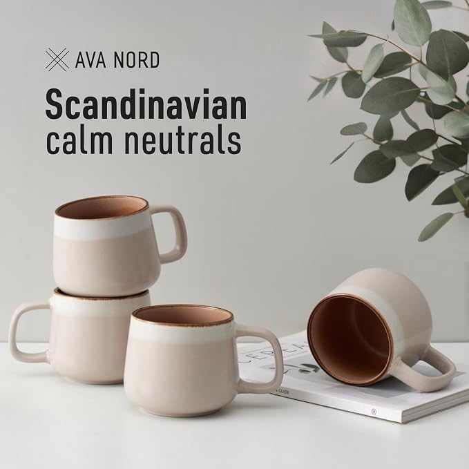 Ava Nord Small Ceramic Coffee Mugs Set of 4 | 8 oz Stoneware Coffee Cups | Lead-Free, Non-Toxic | Microwave & Dishwasher Safe | Comfortable Handle | Aesthetic Nordic Design for Cappuccino | Rose Sand