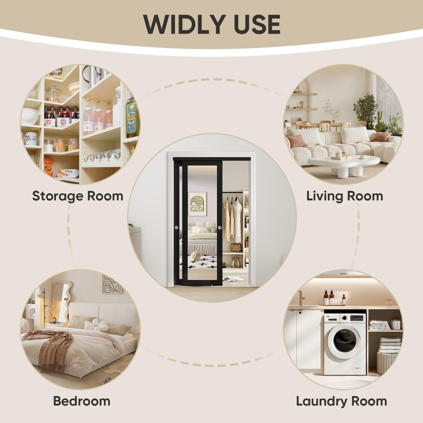 JUBEST 48" x 80" Mirror Closet Door, Preassembled One Side Mirror Door with Hardware Kit & Matching Fascia, Solid Wood Frame with Water-Proof PVC Surface, Easy to Install, Black