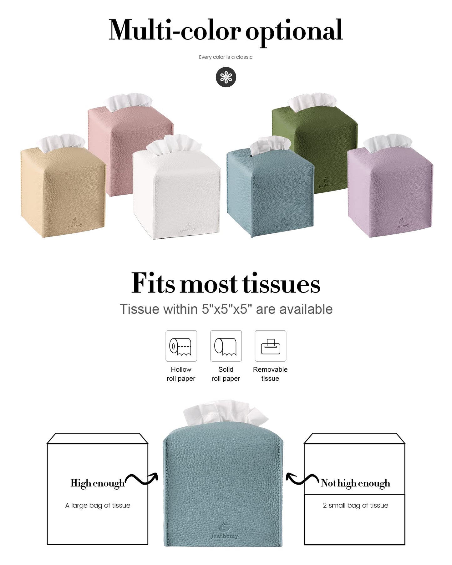 Tissue Box Cover, Jeethemy Square PU Leather Tissue Box Holder, Modern Tissue Case Facial Paper Organizer Dispenser,5X5X5'',Single Blue