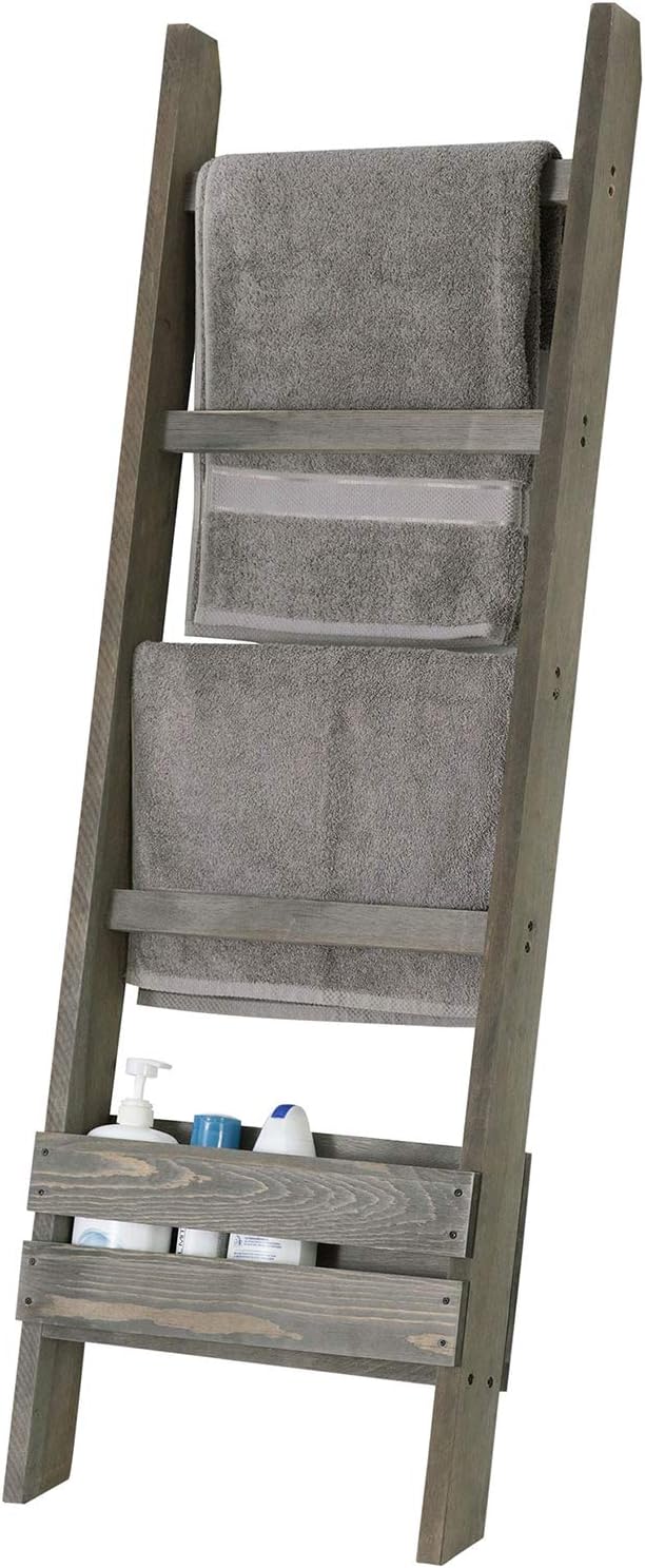 MyGift Blanket Ladder with Storage Shelf, Wooden Blanket Holder Rack, Decorative Ladder Shelf, Drying and Display Rack for Bathroom, Living Room, Gray