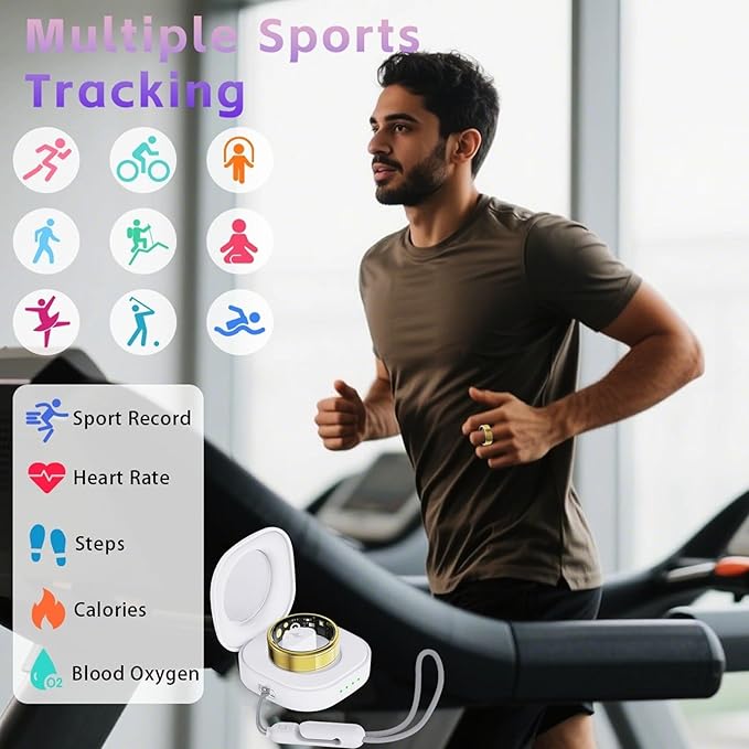 Activity Tracker Ring for Men Women ??Smart Health Ring with Heart Rate, SpO2, Blood Pressure, Sleep Monitoring, Step & Calorie Counter, 5ATM Waterproof, No Subscription Fee (Gold 9)