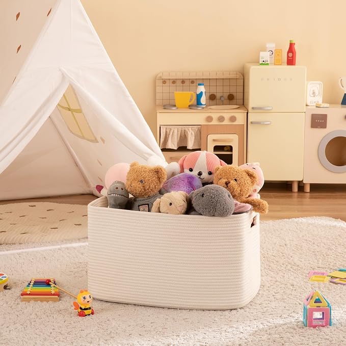OIAHOMY XXLarge Rectangle Blanket Basket-96L, Cotton Woven Basket for Storage, Dirty Clothes Basket for Living Room, Nursery, Bedroom, Toy Organizing with Handle, 24" x 16" x 15", White