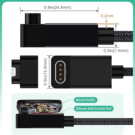 AGVEE 2 Pack 3.3ft Charger for Garmin Watch, L-Shape Zero Gap Charging Cable for Fenix, Forerunner, Vivoactive, Instinct, Venu, Tactix, Approach, D2, Quatix Series, Right Angle Braided, Black