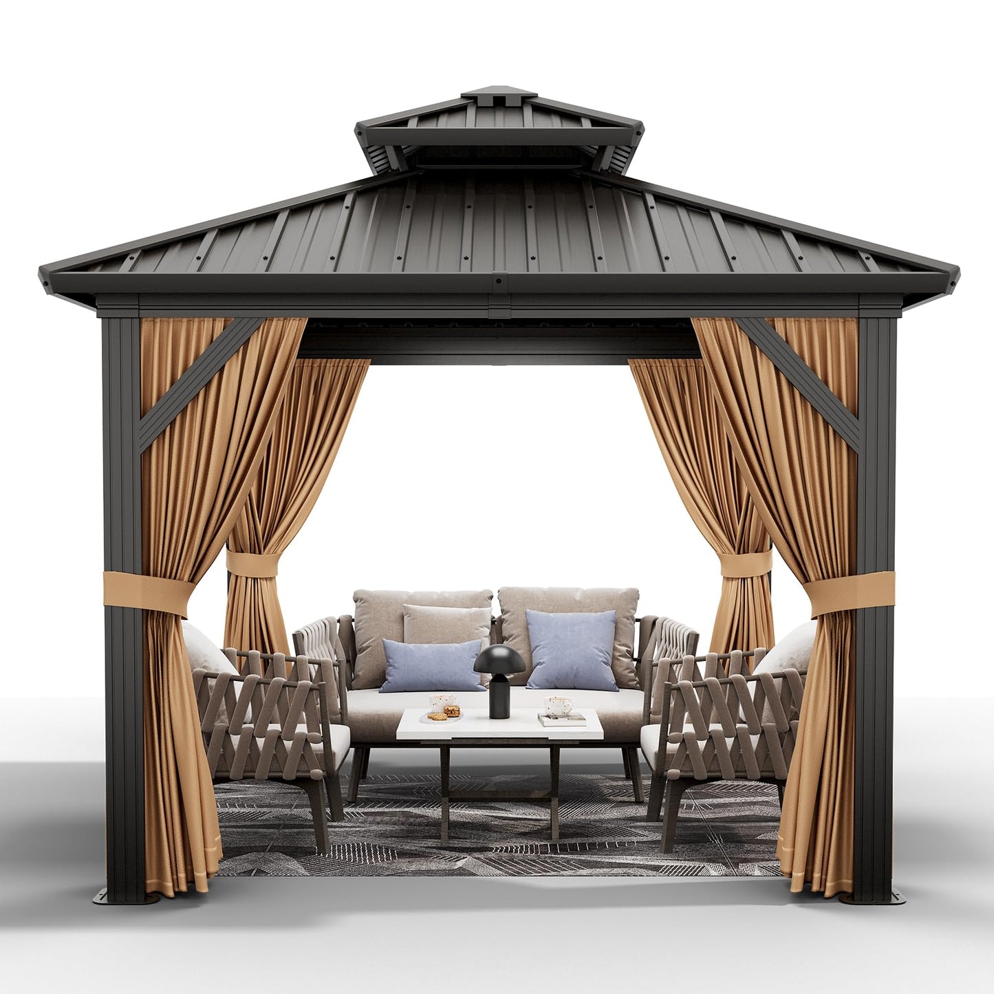 10'x10' Hardtop Gazebo, Heavy Duty Aluminum Permanent Hardtop Gazebo Outdoor Pavilion with Curtains and Netting for Garden