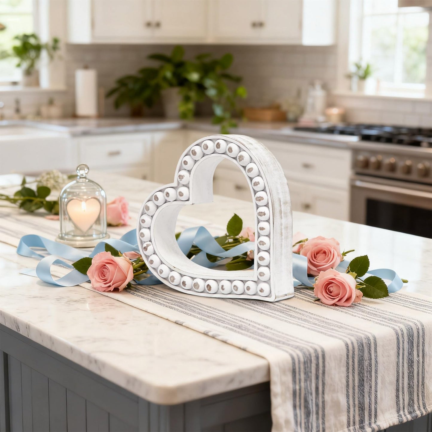JUMBO DECOR Rustic Wooden Heart Table Decorations Sign with Beaded Design, Farmhouse Freestanding White Heart Shaped Home Family Table Decorations, Wedding Valentines Day Decor Mother's Day Gift