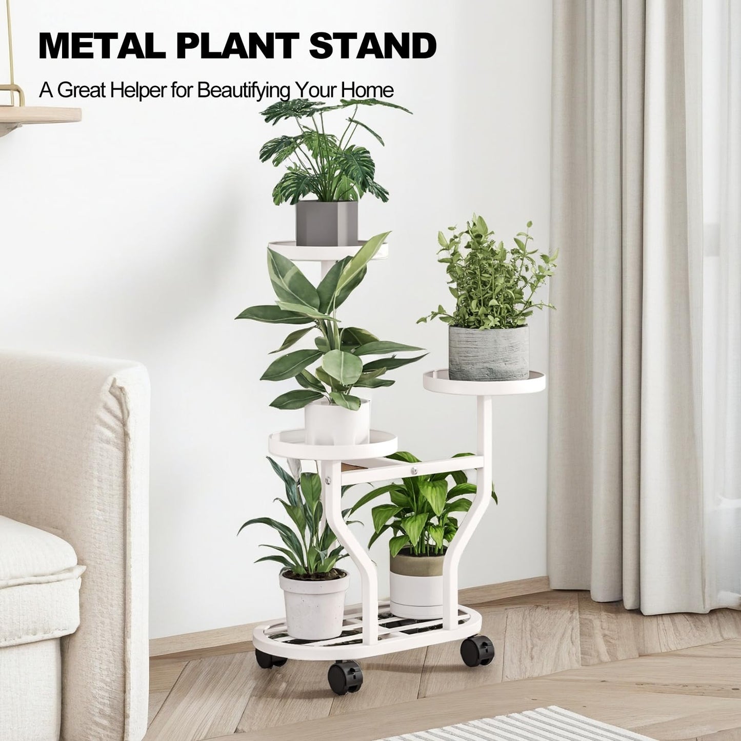 YIZAIJIA Plant Stand with Wheels 3 Tier Metal Plant Holder Corner Flower Shelf for Multiple Plants Display Rack for Bedroom Living Room Balcony Garden White (White, 3 Tier)