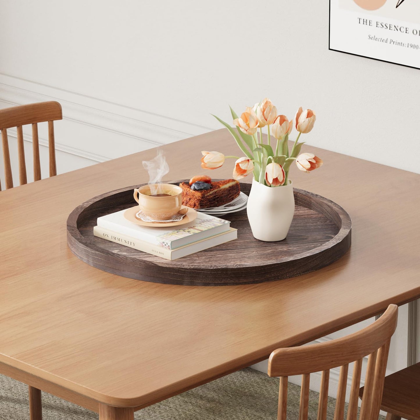 Round Ottoman Tray for Coffee Table Living Room Wood Serving Tray Large Wooden 24 Inches Rustic Brown