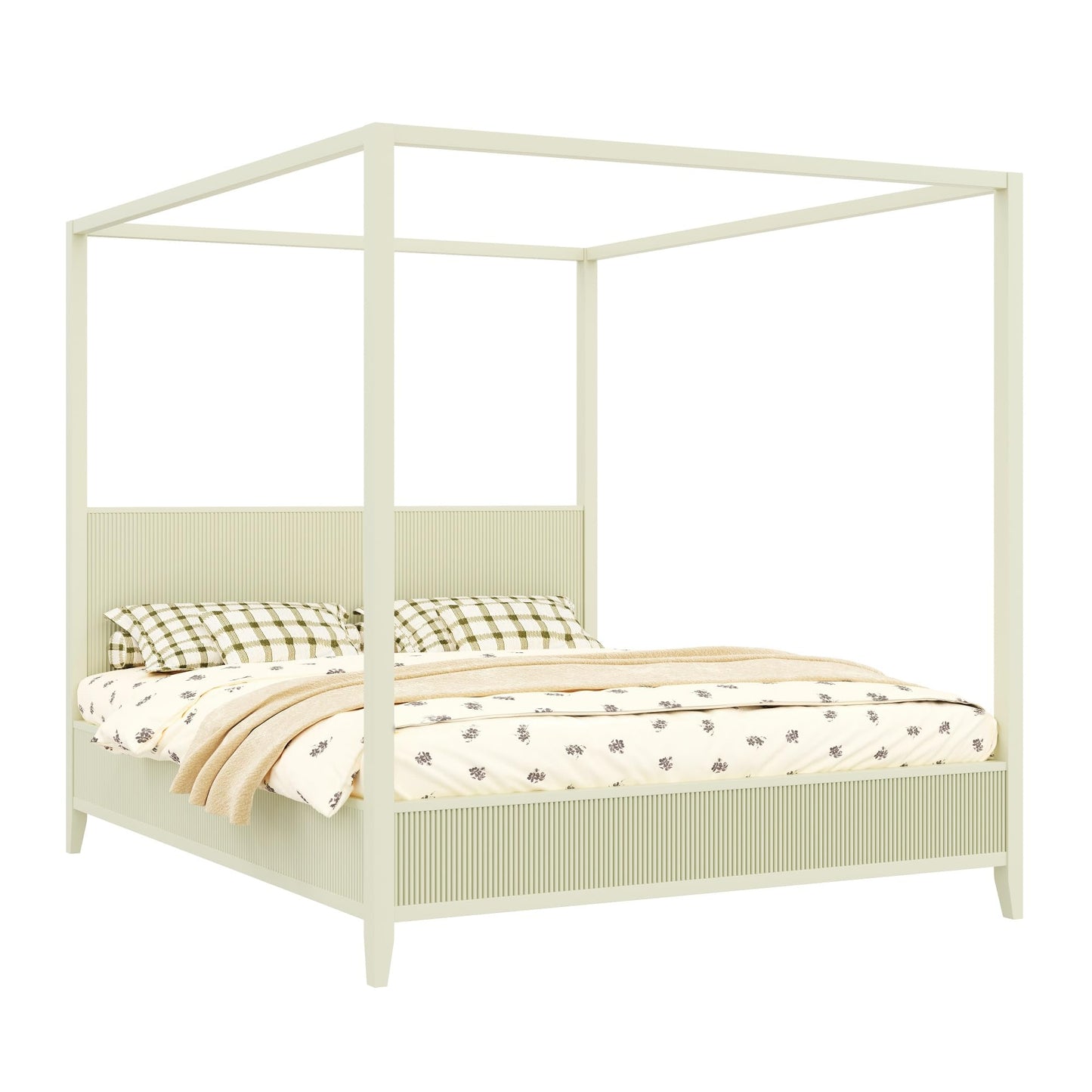 Merax Modern Luxury King Size Wooden Canopy Bed Frame with Headboard, Slats Support, Wood 4 Poster Bed Frame, No Box Spring Needed, Contemporary Bedroom Furniture, Beige