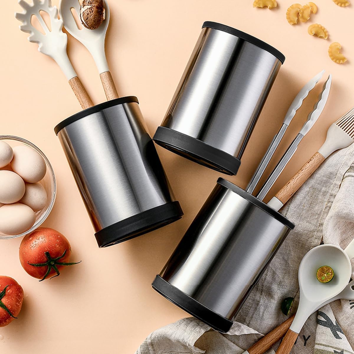 TIMENIL Kitchen Utensil Holder for Countertop, 360°Rotating Cooking Utensil Crocks,4 Compartment Stainless Steel Utensil Holder,6.7”Large Utensil Crock Spoon Fork Knife Holder For Kitchen Counter