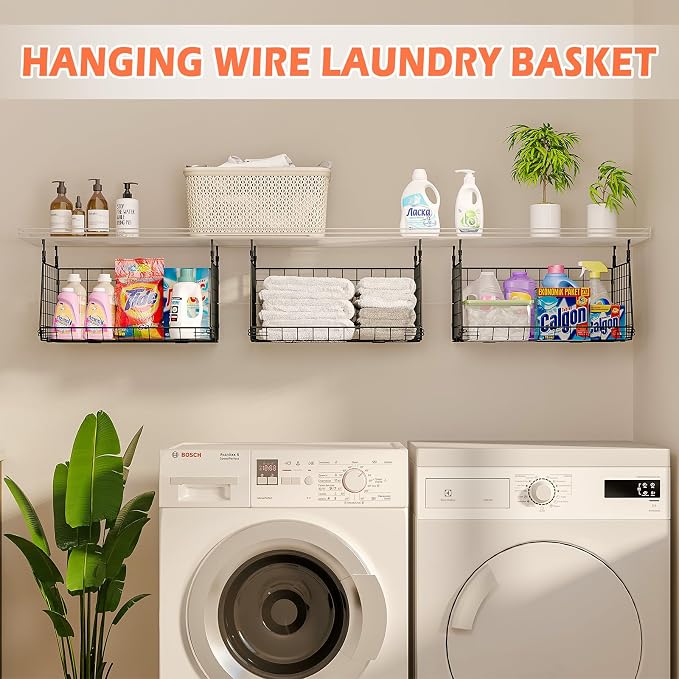 3-Pack Hanging Laundry Room Organizaton:Foldable Laundry Basket Wire Basket with 360°Rotating Hooks Small Space Organization Over Washer and Dryer Shelves - Hanging Closet Organizer, Black Patent