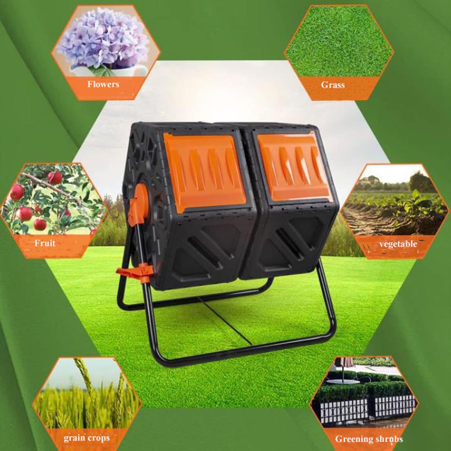 WANGHAI2024M Electric Compost Bin Outdoor Dual Chamber Compost Bin, 31 Gallon Rotating Composter Tumbling with 2 Sliding Doors and Aeration System, Garden Compost Tumbler, BPA Free Composter(Orange)
