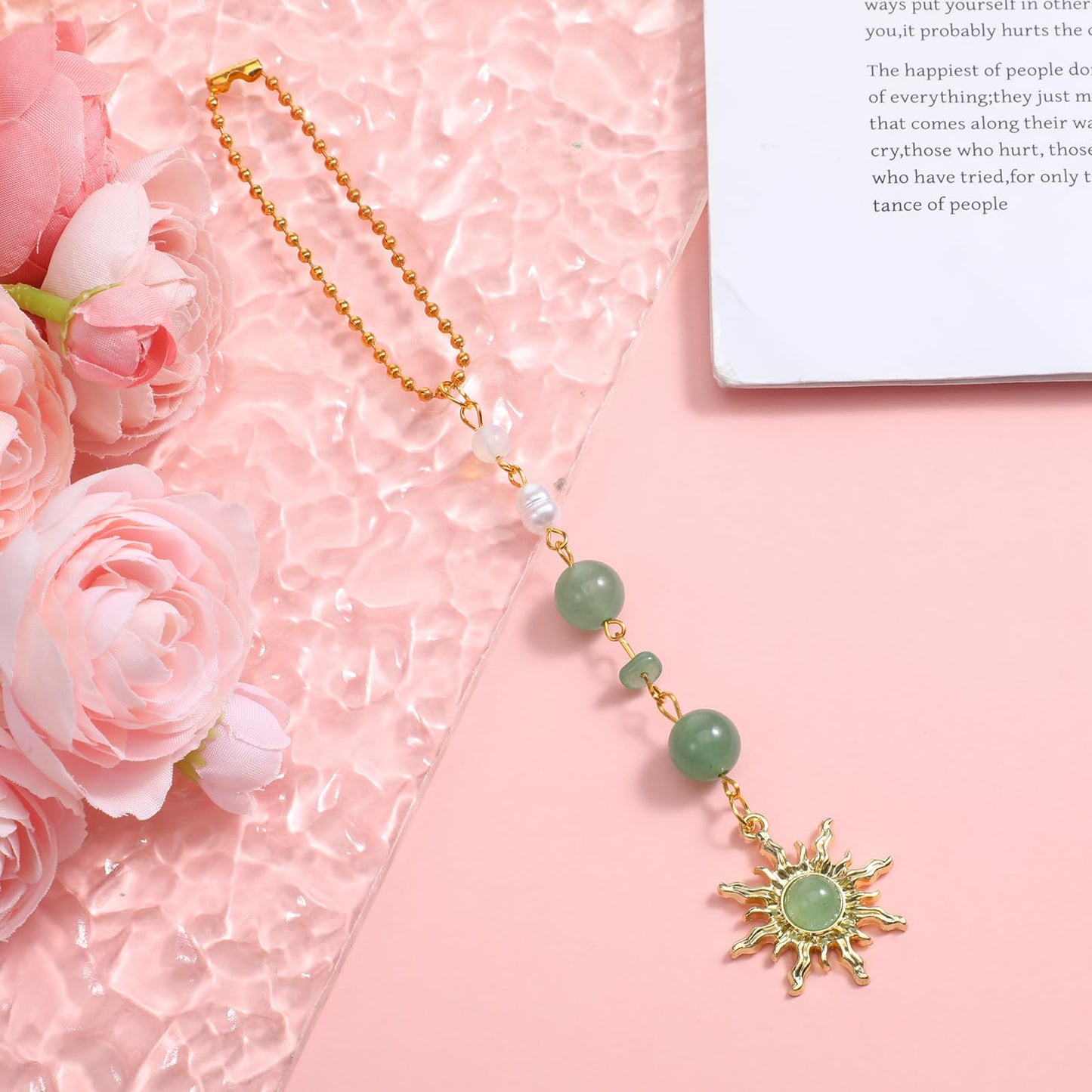 Thinp Sun Hanging Car Charm, Cars Rear View Mirror Accessories Cute Boho Sun Green Car Decor Dangling Handmade Crystals Stones Ornament for Women Men (Green)