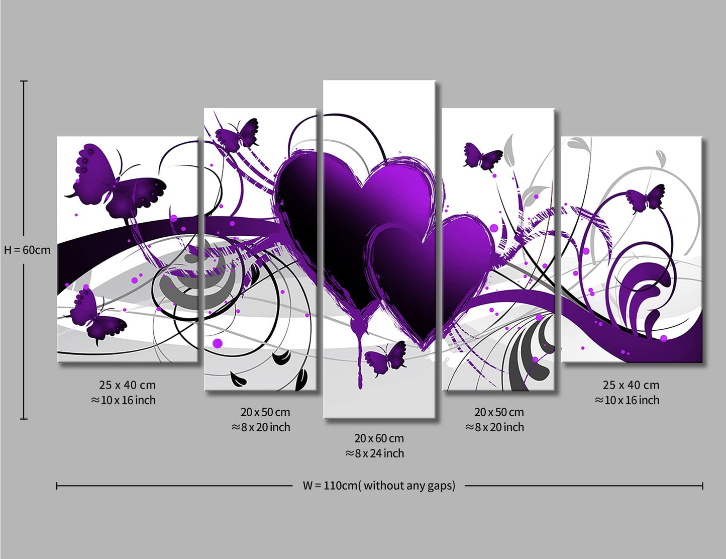 Yeawin Purple Love Butterfly Wall Art Purple Heart The Picture Print On Canvas 5 Panels Modern Abstract Artwork The Canvas for Home Living Dining Room Kitchen(Wrapped Canvas Wall Art,Ready to Hang)