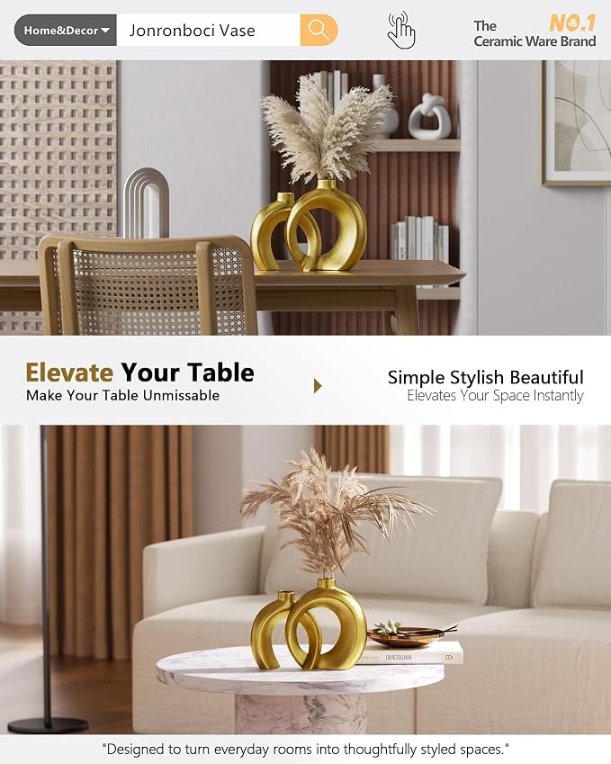 Set of 2 Gold Ceramic Vases for Home Decor Accents - Unique Hollow Donut Artistic Design Modern Art Deco Luxury Style Decorative Vases for Shelf, Mantel, Entryway Table Decor (Matte Gold)