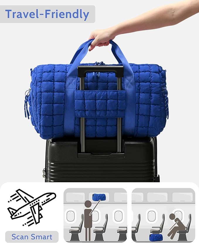 Quilted Duffel Travel Bag for Women, Puffer Gym Duffle Bag with Shoe Compartment Lightweight Large Crossbody Sport Bag Tote Blue