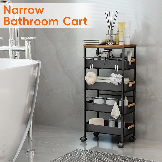 5-Tier Slim Storage Cart, Wooden Top Rolling Kitchen Cart with Pull-Out Baskets & Wheels, Narrow Space Utility Cart Slide Out Organizer for Kitchen, Bathroom, Laundry Room, Black