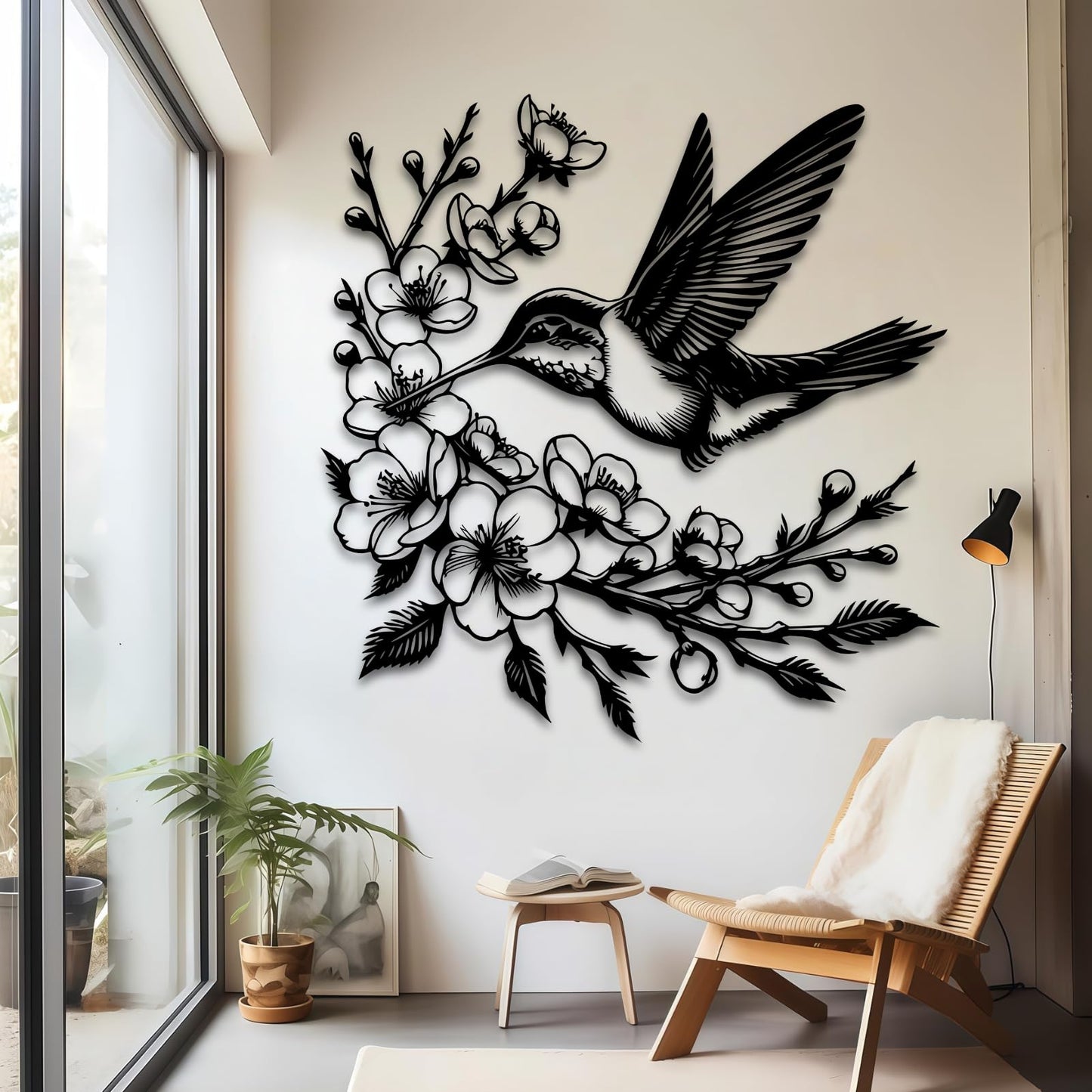 Maclou Hummingbird Metal Wall Art,Metal Flower Wall Decor,Hummingbird Wall Decor for Bedroom,Living Room,Bathroom (Black,19" x 18" / 47 x 45 cm)