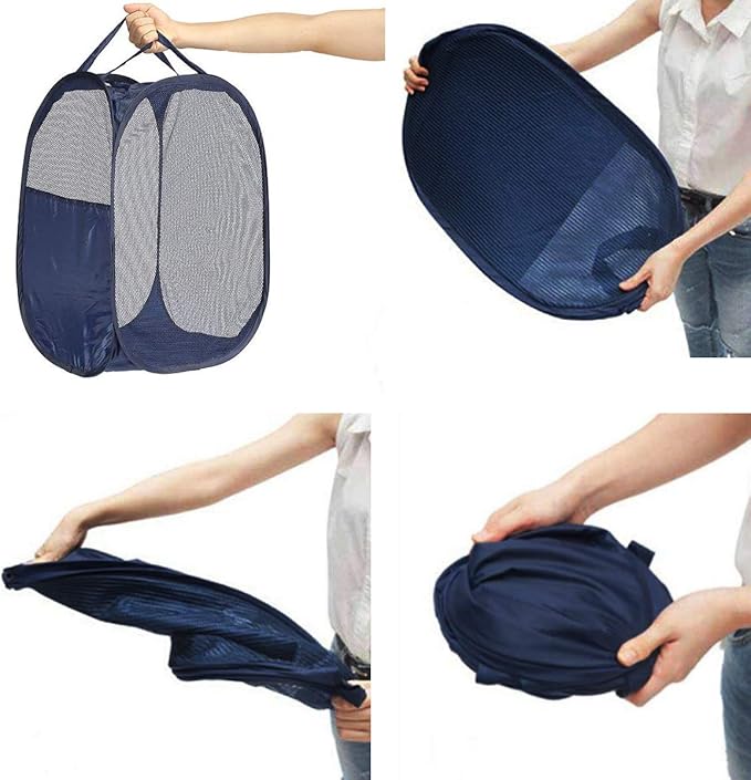 2 pop-up foldable mesh laundry baskets (each with 2 reinforced handles), black + blue…