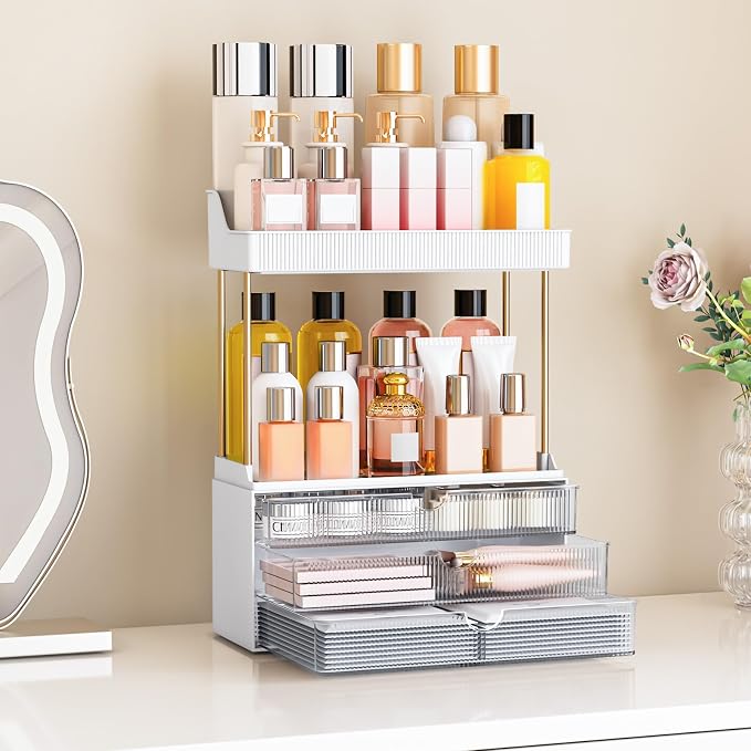 caktraie 2 Pack Bathroom Counter Organizer - 3 Drawers Makeup Organizer, Cosmetic Storage Drawer for Dresser Countertop and Bathroom Vanity for Large Skincare, Perfume, Clear