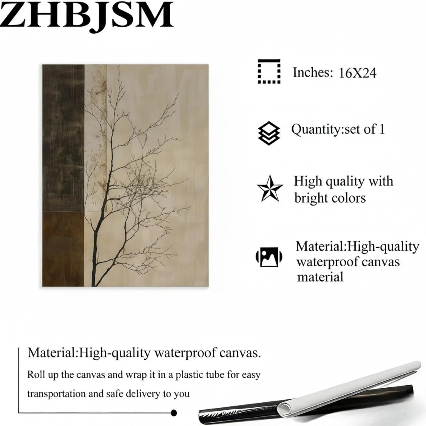 ZHBJSM Minimalist Tree Wall Art Modern Abstract Rustic Neutral Tone Bare Tree Texture Calm Nature-Themed Home Living Room Bedroom Elegant Stylish Interior Decor Accent 16x24 Inch Unframed