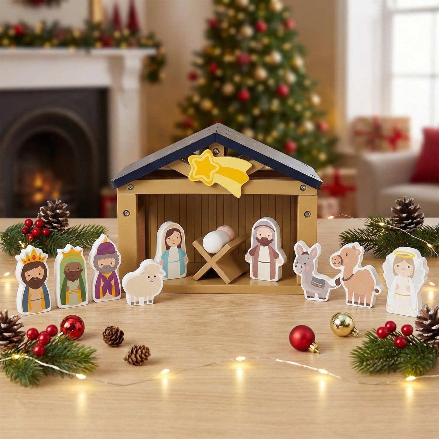 WOODENFUN Toy Nativity Set for Kids,Wooden Christmas Nativity Scene Miniature Holy Family Figurines Gifts for Children Boys Girls 3+ Years Old