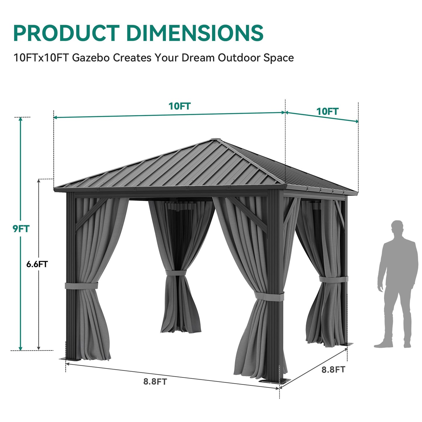 YITAHOME 10X10FT Metal Hardtop Gazebo Outdoor Patio Single Top Canopy Galvanized Iron Aluminum Column Garden Tent Curtains Netting for Backyards Decks Lawns,Gray