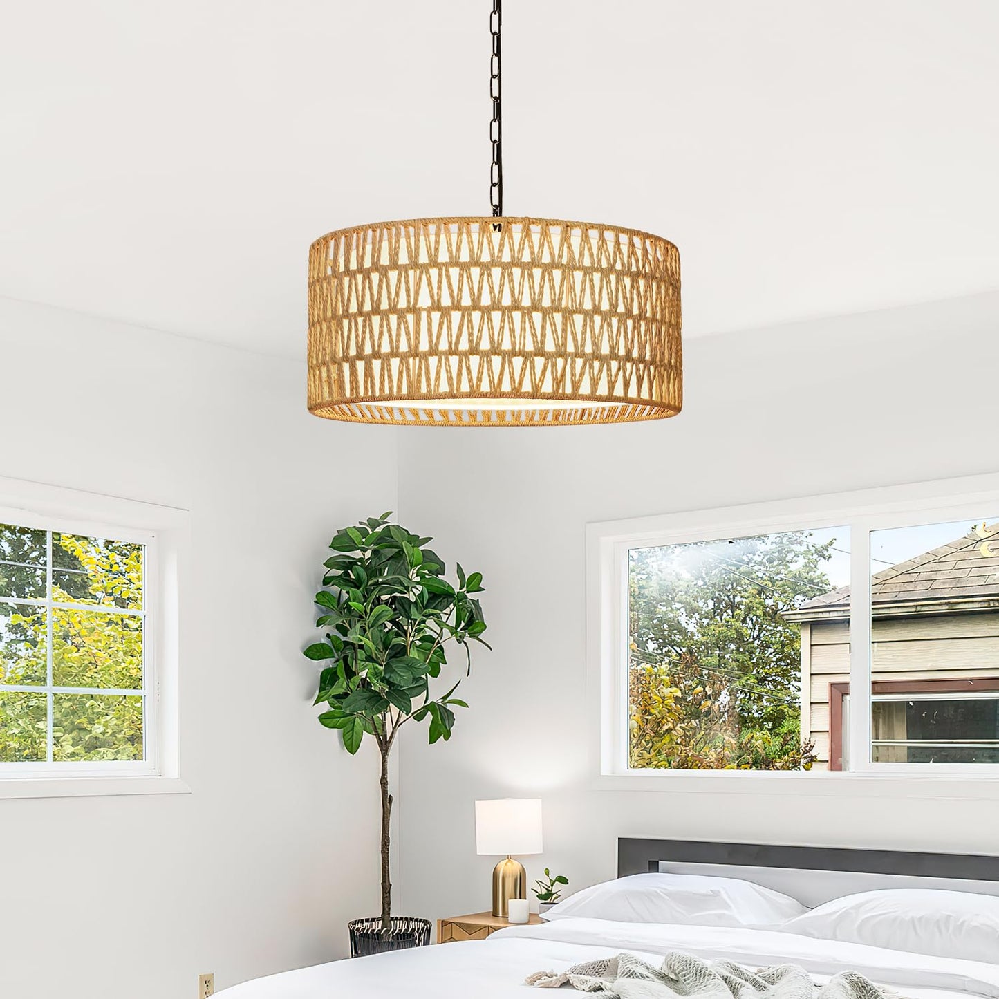 Farmhouse Chandelier Light Fixture, 5-Light Rattan Boho Chandeliers for Dining Room, Hand Woven Pendant Light with Linen Shade, Rustic Hanging Lighting for Kitchen Island, Bedroom (Bulb Not Included)