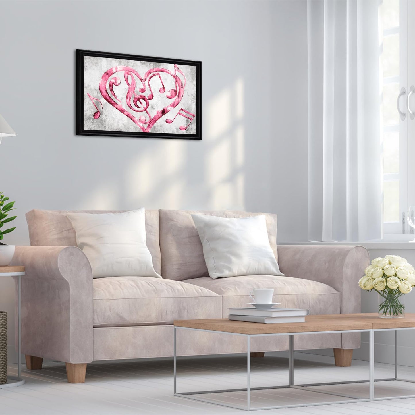 Kalormore Black Frame Canvas Art Heart Music Wall Decor (Pink, 16"X24", Framed)