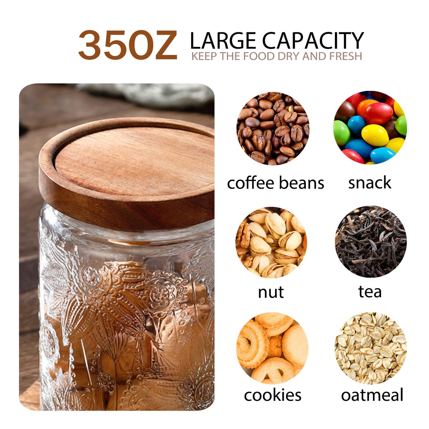 LODIKE 35oz/1000ml Glass Storage Jars with Nature Wood Lids, Airtight Food Storage Containers for Kitchen Organization, Large Capacity for Cookie, Pasta, Sugar, Flour, Cereal - Set of 2 (sunflower)