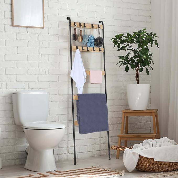 Blanket Ladder Towel Racks for Bathroom 5-Tier Bamboo Blanket Storage Holder with 10 Removable Hooks, Farmhouse Wall Leaning Display Rack Shelf for Living Room Bedroom, Wood Color