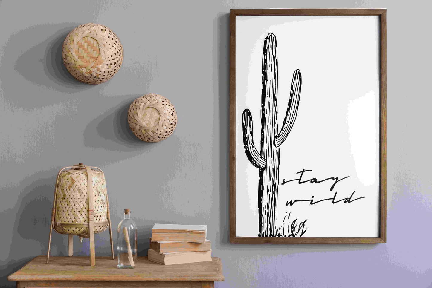 flangairy Cactus Wall Art, Wood Western Wall Decor, Black White Boho Southwestern Aztec Desert Artwork Framed, Living Room Neutral Southwest Home Decorations