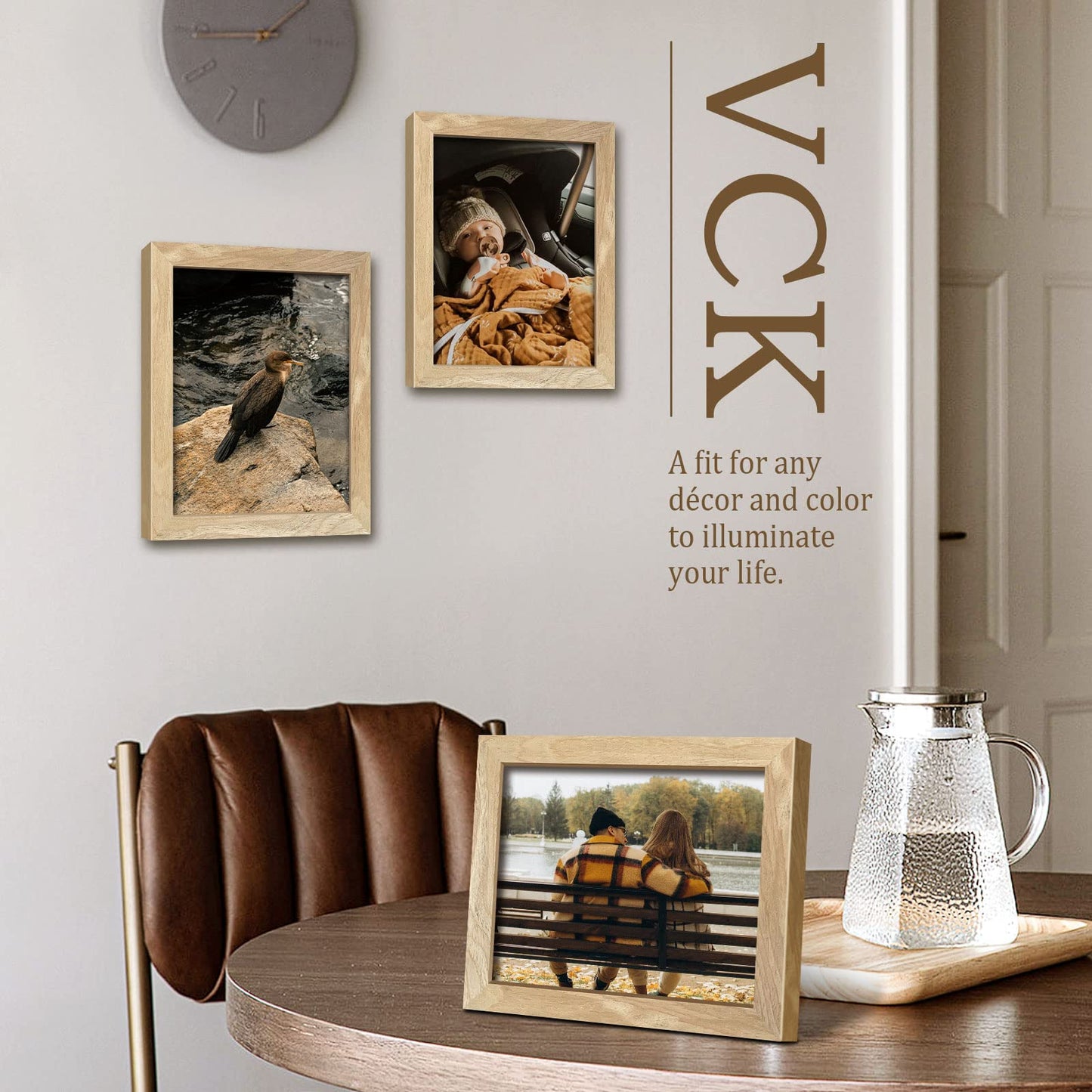 VCK 8x10 Picture Frame Set of 3, Natural Solid Wood Beige Frame with Exclusive Wood Grain, Tabletop Display & Wall Mounting for Home Decor