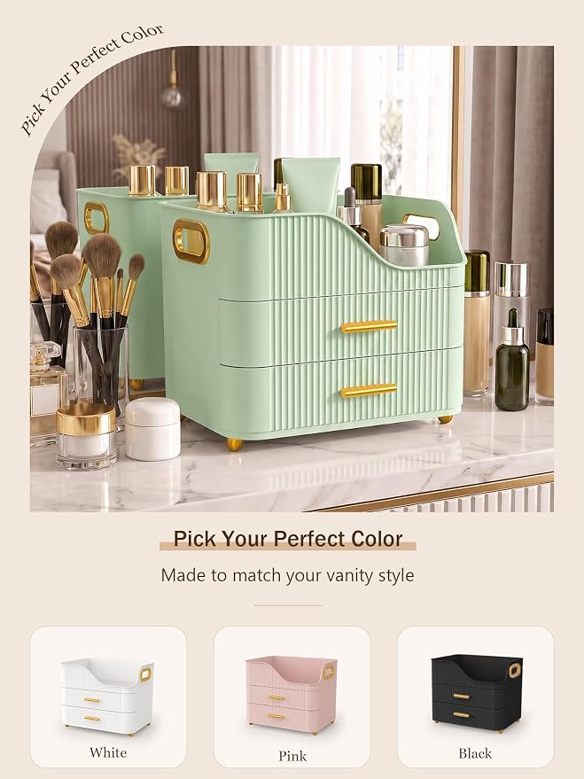 Booklov Countertop Makeup Organizer with Drawers, 3 Tier Large Cosmetic Storage Box for Vanity, Bathroom Counter, Dresser, Skincare Display Case for Lipsticks, Beauty Palettes, Teen Girl Gifts, Green