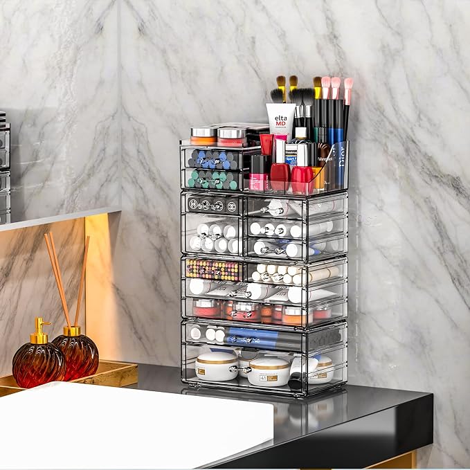 Cq acrylic Clear Make up Organizers for Vanity,Skincare Organizer With 13 Drawers for Dresser,Plastic Cute Desk Accessories Organization and Bathroom Organizers Storage Case Box for Beauty,Skin Care