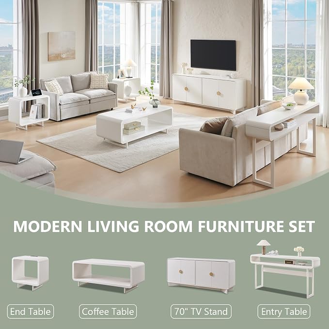 IFGET 48" Modern Coffee Table, 2-Tier Minimalist Center Table with Storage Shelf, Curved Profile Design, Wooden Rectangular Living Room Table w/Wood Thick Design for Living Room, Office, White
