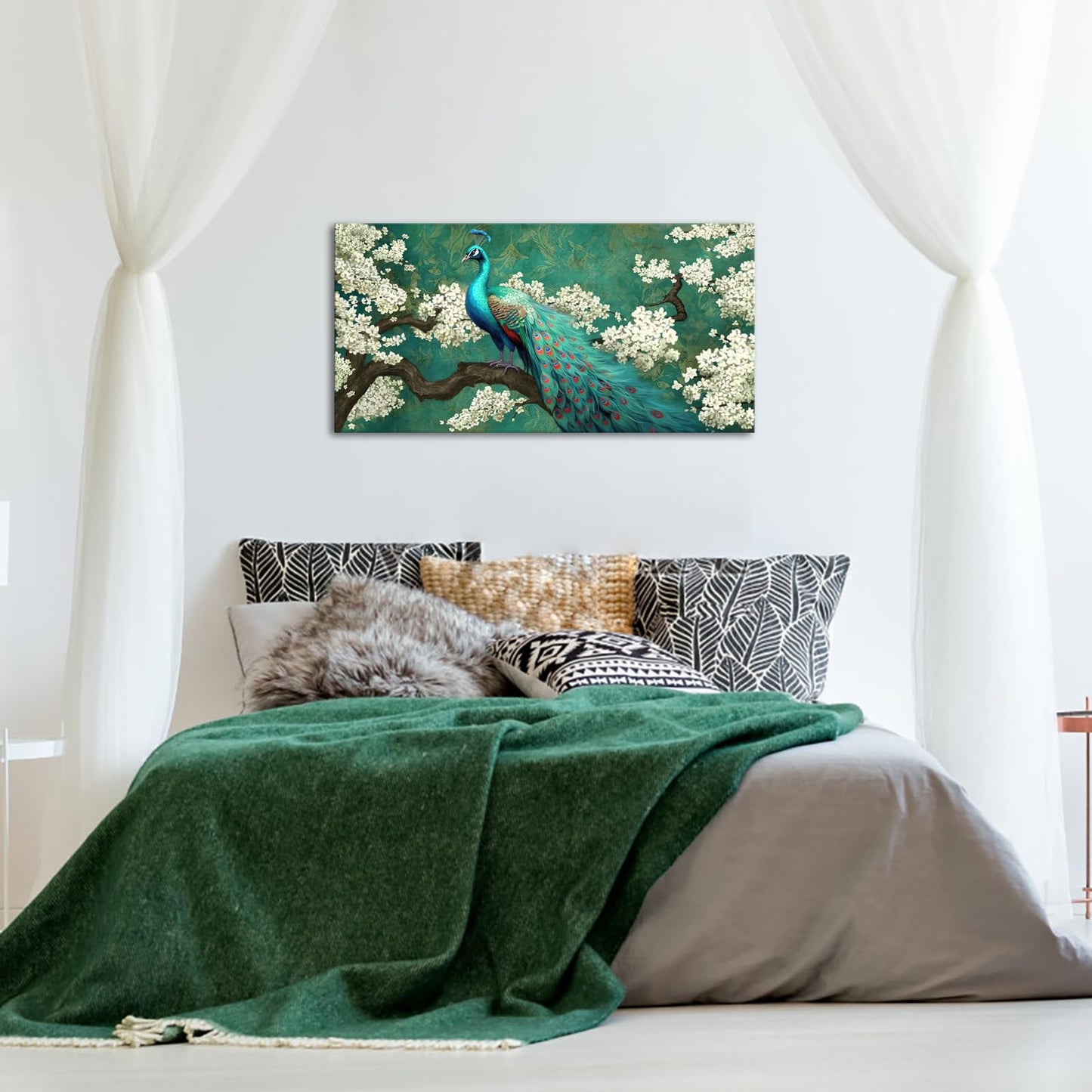 OuElegent Peacock Canvas Wall Art Green and White Flower Elegant Animal Painting Pictures Artworks for Living Room Bedroom Wall Decor Ready to Hang 24"x48"