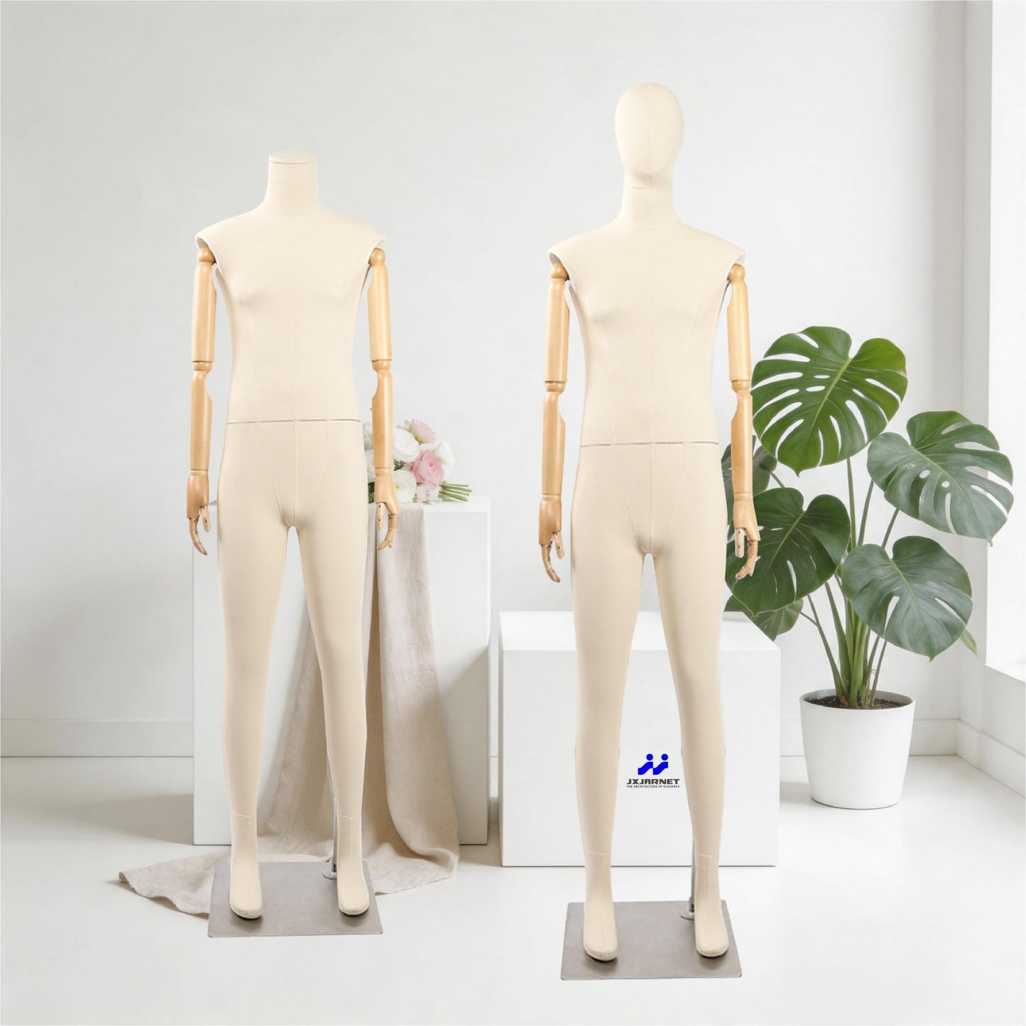 Full Body Male Mannequin with Articulated Wood Arms, Premium Linen Covered Dress Form with Heavy Metal Base, Posable Retail Display Dummy for Boutique Window & Streetwear(Headless)