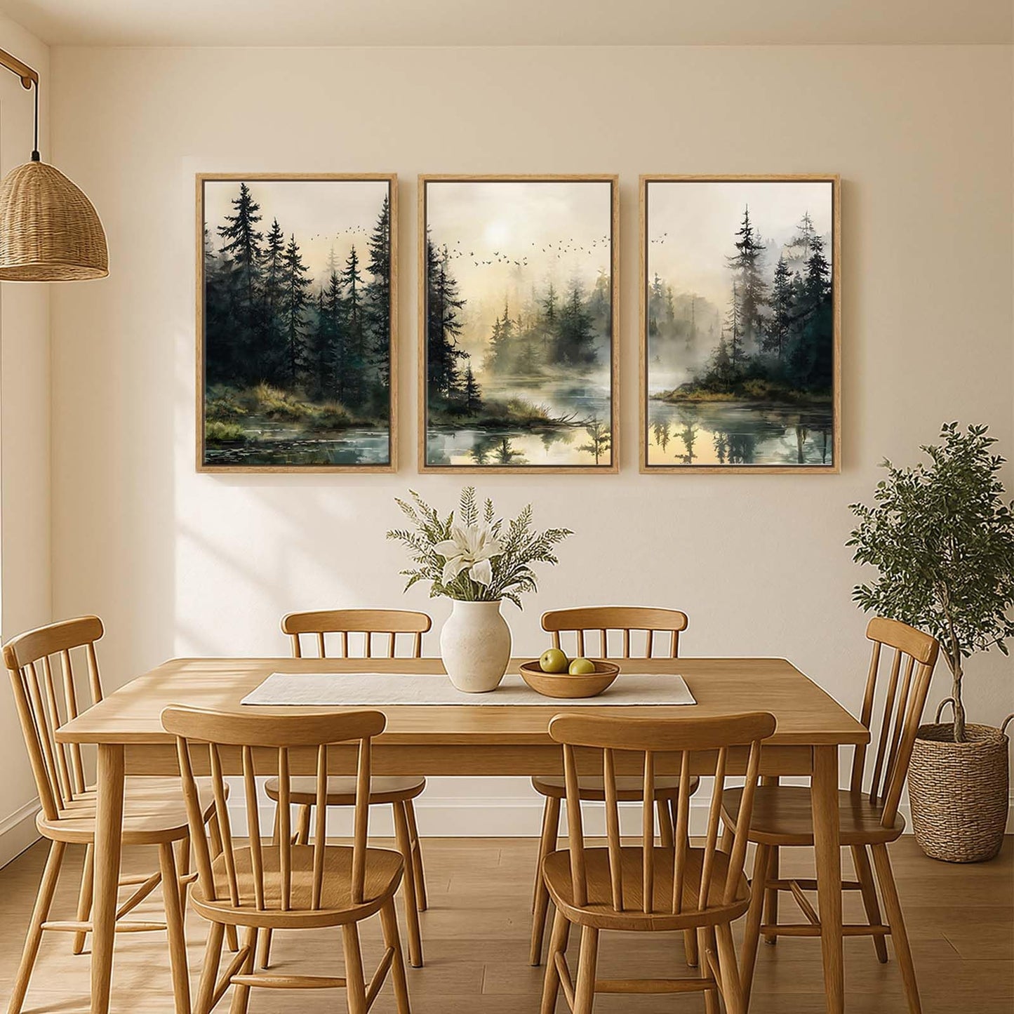 Framed Forest Landscape Wall Art for Living Room, Large 3 Piece Misty Pine Tree Nature Scenic Artwork for Walls, Rustic Woodland Sunset Canvas Painting Prints for Office Bedroom Wall Decor, 24x36 Inch